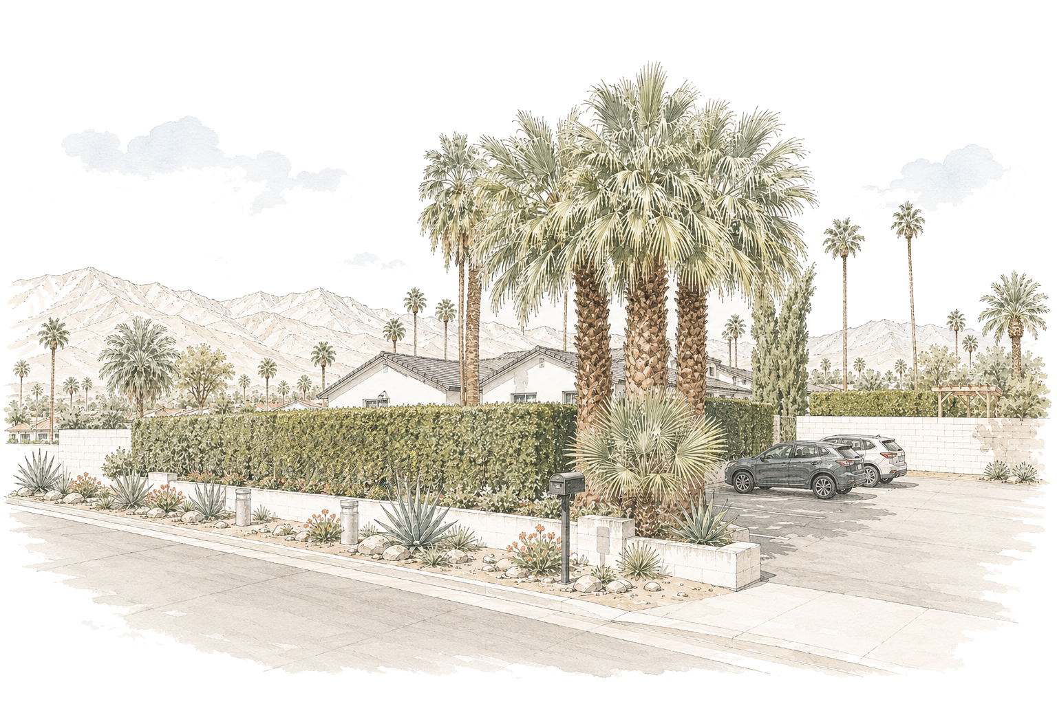 Aleph Schoolhouse campus with palms, desert landscaping, and mountains