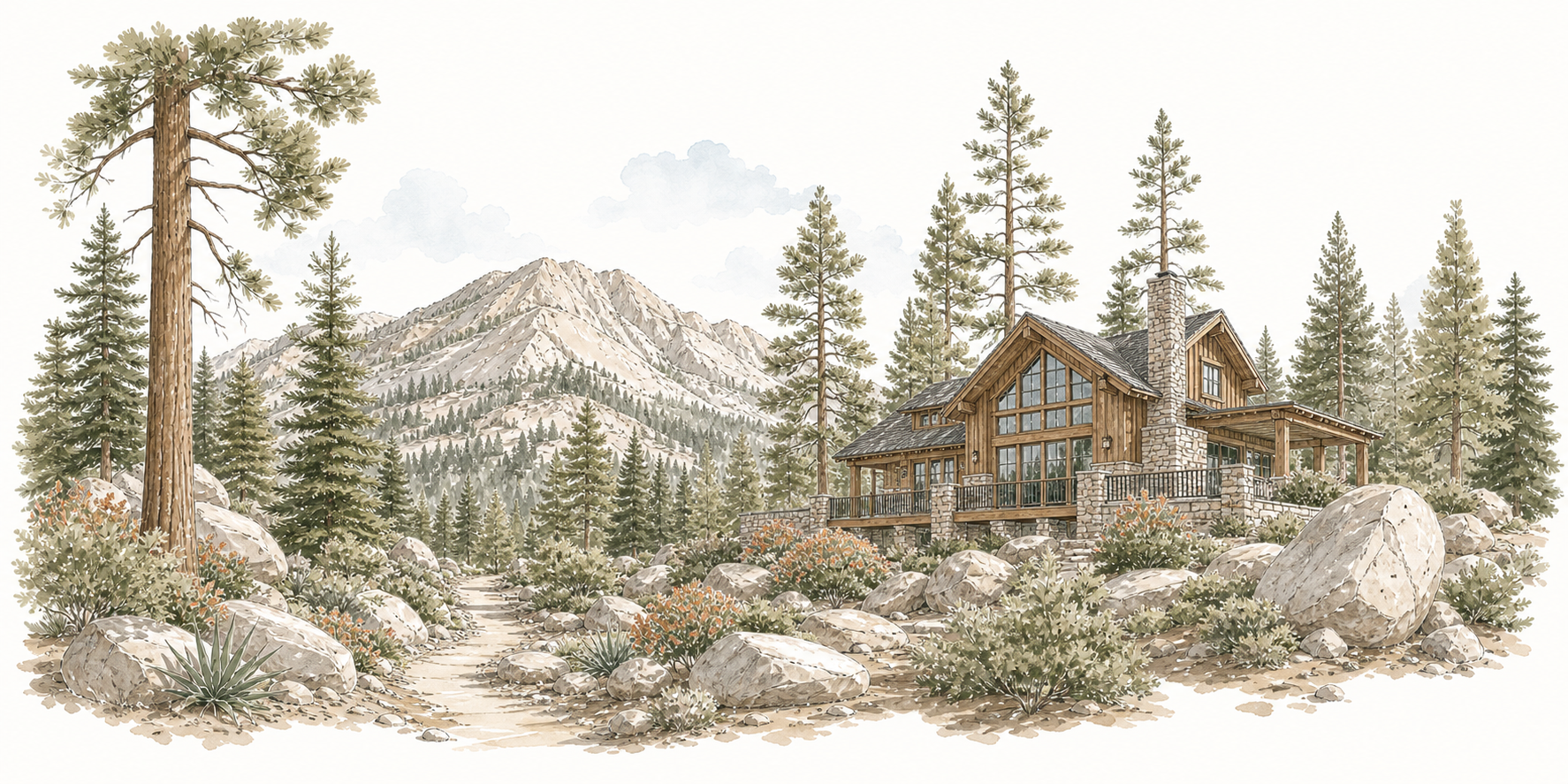 Idyllwild pine forest, mountain lodge, and rocky trail