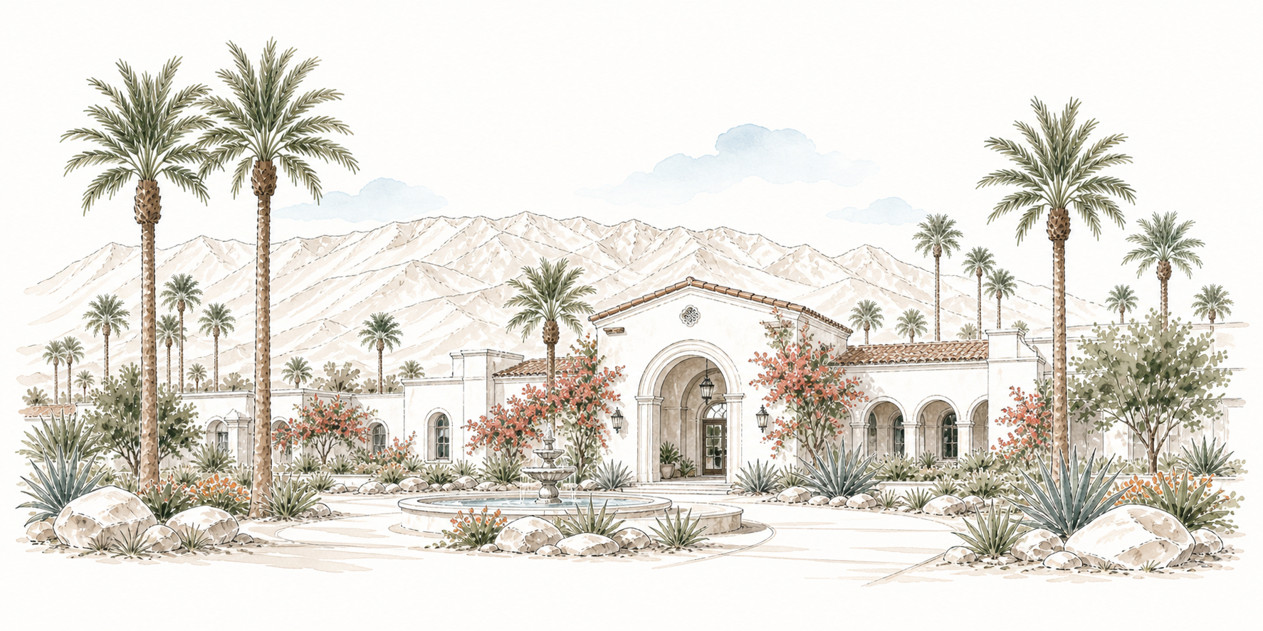 Palm Desert palms, mountains, and community plaza