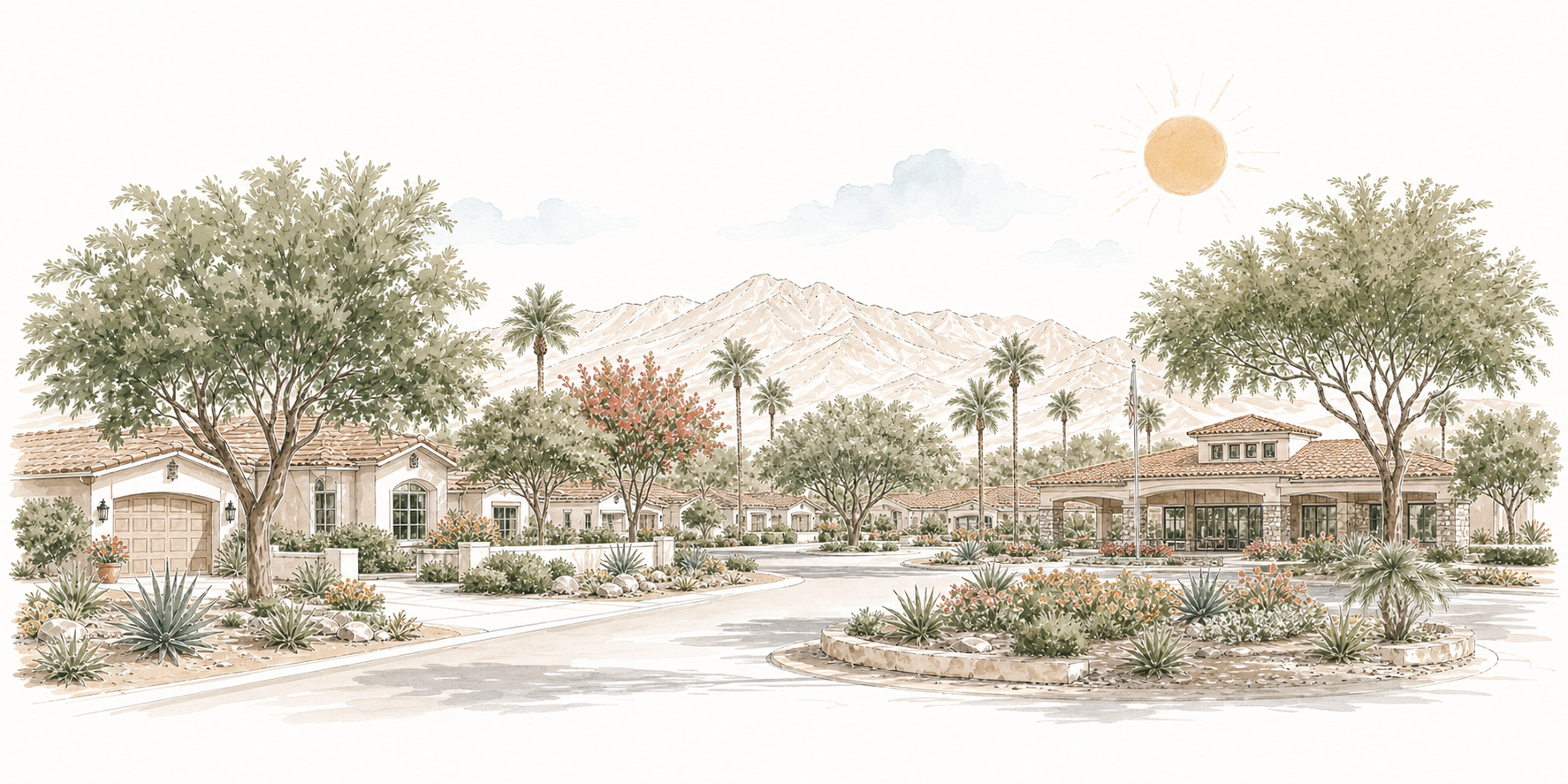Sun City homes, shade trees, and desert mountains